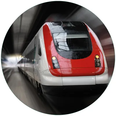 Produktbild von Wallario Premium Glasbild, freischwebende Optik, kräftige Farben, rund 50cm Durchmesser, Motiv Fahrender Zug von vorn in rot- Perspektive von vorn