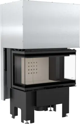 A modern fireplace insert with a large glass front and a metal casing.