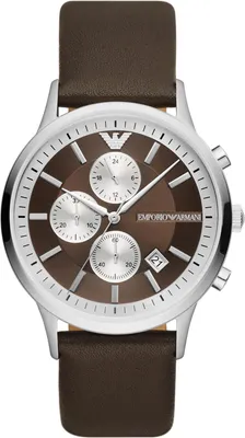 A close-up, front-facing studio shot of a men's chronograph watch with a brown leather strap and a brown dial.
