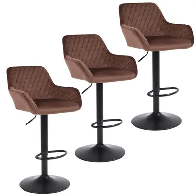 Image de Ensemble de 3 tabourets de bar, réglables en hauteur, pivotants, en velours marron, avec dossier et accoudoirs