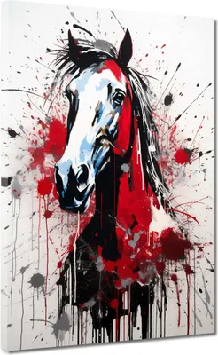 Produktbild von Abstrakt Pferd Kopf Red Splash Leinwandbild Wandbild Kunstdruck XL Wanddeko: 90x120x4cm