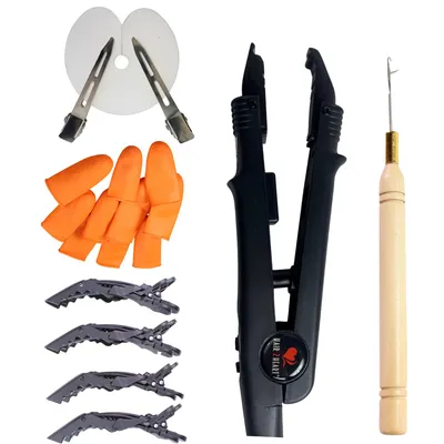 Image de kit de démarrage hair2heart pour le collage des extensions - pince à chaleur professionnelle, protège-doigts, clip, gabarit et enfileur