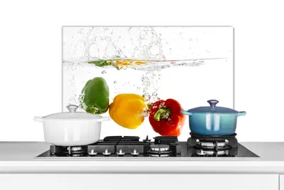 Obrázek produktu pro KitchenYeah® Odstřikovač kuchyňské linky - Odstřikovač kuchyňské linky - Ochrana stěny sporáku a dřezu - Paprika - Voda - Zelenina 70x50 - Alu-Dibond (alternativa ke skleněnému odstřikovači) - Tepelně odolný - Odstřikovač sporáku