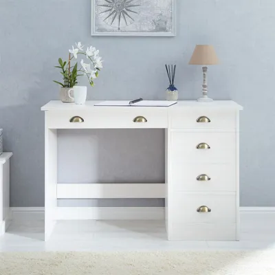 Produktbild von Schreibtisch LANA mit 5 Schubladen, Weiß - Bürotisch aus Massivholz im Landhausstil, klassisches Design, Bürotisch mit Muschelgriffen