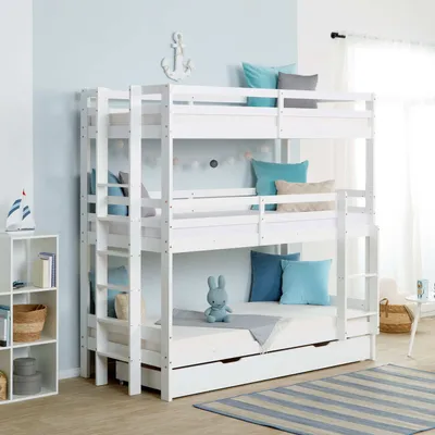 Produktbild von Homestyle4u 1978, Kinderbett Etagenbett 90x200 cm Hochbett mit Bettkasten Dreifachbett Weiß Holz