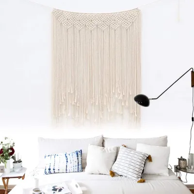 Produktbild von Makramee-Wandbehang, handgefertigt aus Baumwolle, gewebter Wandteppich, Türvorhang im Boho-Stil, 115 x 100 cm