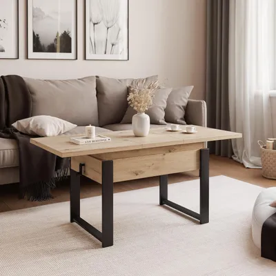 Produktbild von Idohome - Ausziehbarer Couchtisch TIVOR 120-157 cm mit Metallgestell moderner, Farbe: Eiche Artisan, Gestell: Schwarz