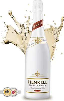 A bottle of Henkell Sekt Blanc de Blancs sparkling wine with a splash of wine behind it.