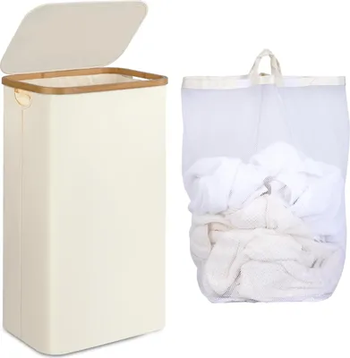 Produktbild von Schlanke Wäschekorb - 75 Liter - faltbar - mit Bambusgriffen - 41,2 x 27,5 x 66 cm