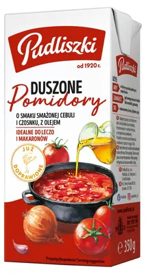 Produktbild von Pudliszki Geschmorte Tomaten mit Zwiebel-Knoblauch-Geschmack in Öl 350 g