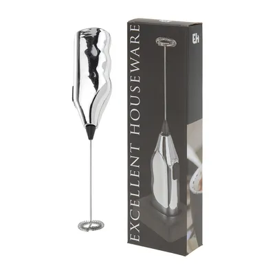A chrome electric milk frother is shown next to its product packaging, which features an image of the frother itself.