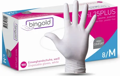 Produktbild von Bingold Nitril 35PLUS, weiß M | Packung (100 Handschuhe)