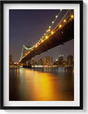 Produktbild von Die beleuchtete Brooklyn Bridge in New York– Wandbild mit Rahmen – Gerahmtes Bild  – Wanddekoration – 60x80 cm –  Schwarz Rahmen