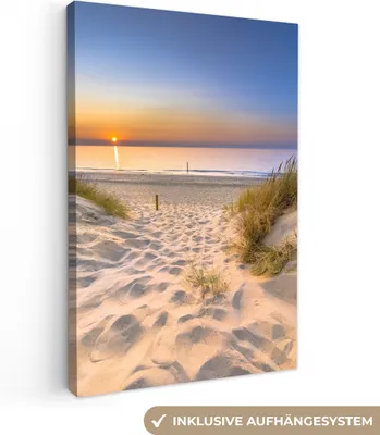 Produktbild von MuchoWow® - Leinwandbilder - Düne - Sonnenuntergang - Horizont - Strand - Gras, Wandbild, Wanddeko Bilder Wohnzimmer, 40x60 cm