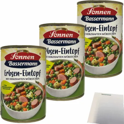 Produktbild von Sonnen Bassermann Erbsentopf mit herzhaften Würstchen 3er Pack (3x400g Dose) + usy Block