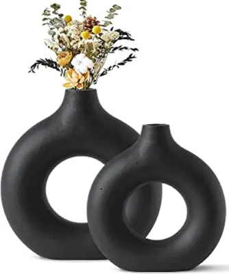 Produktbild von Vasen, Dekovase (2er Set), Keramik Vase, Moderne Dekovase, Milch Schwarz  Vasen matt, Pampasgras-Vase, Runde Handmade Getrocknete Blumenbehälter