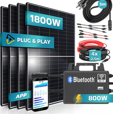 Produktbild von SUNNIVA® Balkonkraftwerk Black Frame 1800/800W Solaranlage mit TSUN Micro Wechselrichter, 5m Kabel, WiFi Bluetooth, drosselbar