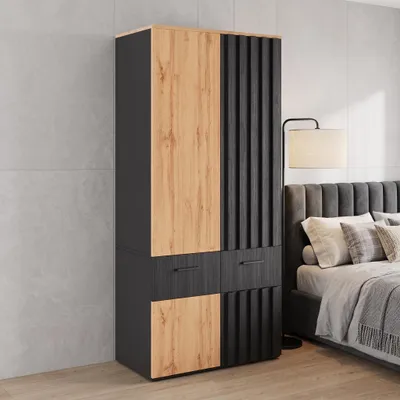 Productafbeelding van Kledingkast met lades, garderobe met kledingroede en opbergvakken, hoge kast met lamellenlook, 90x50x200cm, naturel+zwart, hout, AI-gegenereerde afbeelding