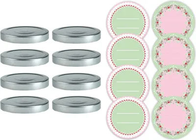 Produktbild von Dr. Oetker Marmeladendeckel-Set Ø 8 cm mit Aufklebern, Schraubdeckel für handelsübliche Gläser, mit rückstandsfrei ablösbaren Stickern zum Beschriften, (Farbe: silber, bunt), Menge: 16tlg. Set