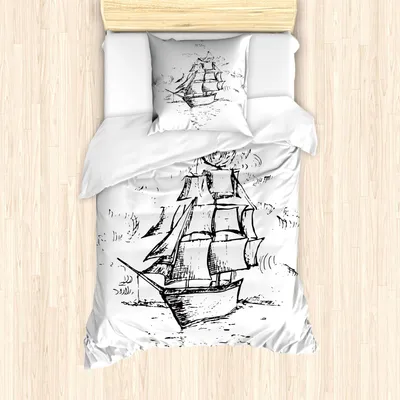 Produktbild von ABAKUHAUS Vintage Nautical Tattoo Bettbezug Set, Flüchtiger Blick Monochrome Hand Drawn Motiv des Segelboot-Druck, 135 x 200 cm + 80 x 80 cm, Charcoal Grau Weiß