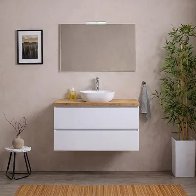 Immagine prodotto di Mobile bagno sospeso 80cm bianco export, top rovere naturale, specchio e lampada | Berlin