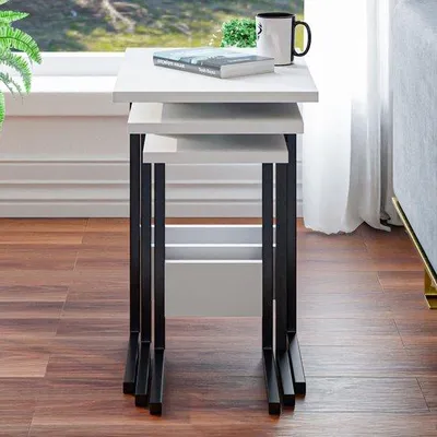 Produktbild von Beistelltisch Set 3-teilig Industriedesign Metallgestell Weiß/Schwarz