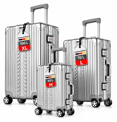 Produktbild von WINLIFE® 3in1 M+L+XL Handgepäck(53cm) + Checkin-Trolley(65cm) + XL Koffer(75cm) Reisekoffer SET mit Alu-Rahmen, ABS & TSA Nummern-Schloss | Silber