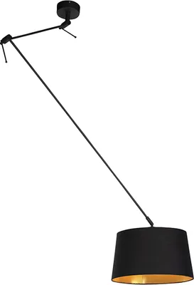 Zdjęcie produktu dla QAZQA – nowoczesna lampa wisząca I lampa wisząca I lampa wisząca z bawełnianym kloszem czarnym ze złotem I mosiądz 35 cm – błyskawica I czarny I salon I sypialnia – bawełna cylindryczna I podłużna I okrągła – LED g