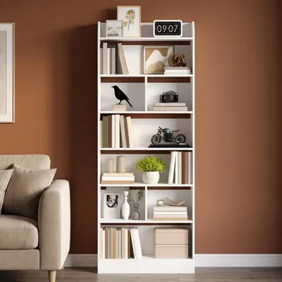 Produktbild von Bücherregal mit 7 Fächern, 24 x 60 x 199,2 cm, Weiß | Bücherschrank, Standregal, Aufbewahrungsregal, für Wohnzimmer Büro Schlafzimmer