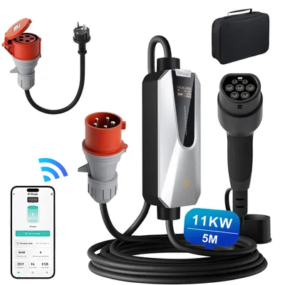 Obrázok produktu pre Hexinex EV nabíjačka 11 kW, nástenná nabíjacie stanica, 5 m nabíjací kábel typu 2, 3-fázová, 6–16 A, aplikácia, 400 V, konektory CEE + Schuko, LCD