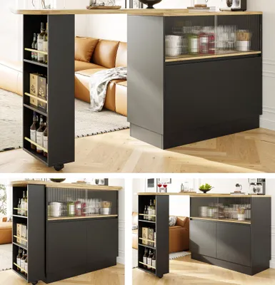 Collage of a modular kitchen island/bar with storage and a pull-out section, shown from different angles in a modern living space.