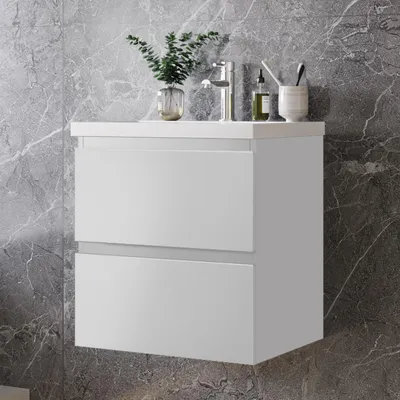 Produktbild von 50 cm Badmöbel-Set Unterschrank mit Keramik waschtisch 2 Schubladen soft-close Weiß Matt Selbstmontierter