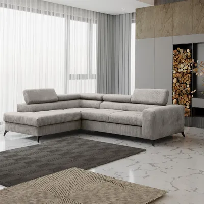 Productafbeelding van Eckbank met slaapfunctie, model AMADEO, bekleding: stof Anafi, kleur: zandgrijs, met ottoman aan de linkerkant