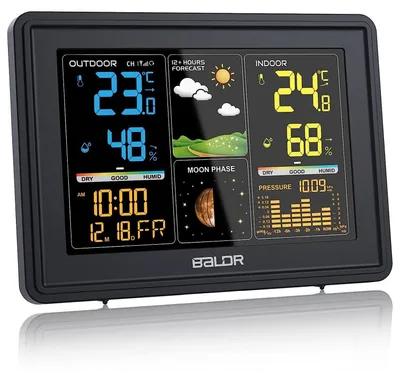 Produktbild von BALDR Wetterstation Funk mit Außensensor, Digital Farbdisplay DCF-Funkuhr Innen und Außen Thermometer Hygrometer, Funkwetterstation mit Wettervorhersage, Barometer und Mondphase, Netzteil