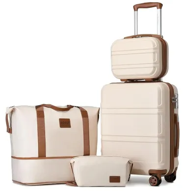 Image de Ensemble de valises comprenant : une valise cabine de 55 cm, une trousse de toilette, une trousse de cosmétiques et une pochette de voyage. Couleur : beige