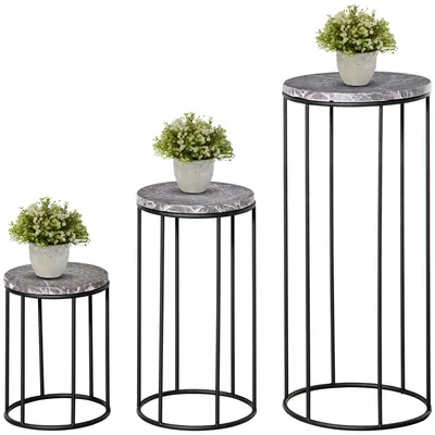 Produktbild von Outsunny 3er Set Blumenständer aus Metall Set in Marmoroptik Stapelbar Schwarz