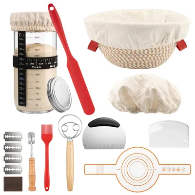 9-tlg. Sauerteig-Set, Gärkorb 26 cm, Glas 650 ml, Backzubehör