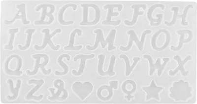 A silicone mold for creating resin crafts, featuring the English alphabet, numbers, and various symbols.