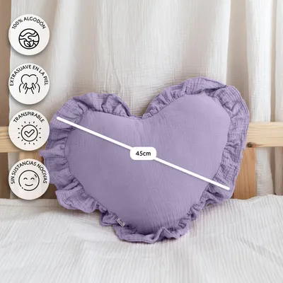 Imagen del producto de Cojín decorativo corazón lila con volantes, sin aplicación dorada - muselina