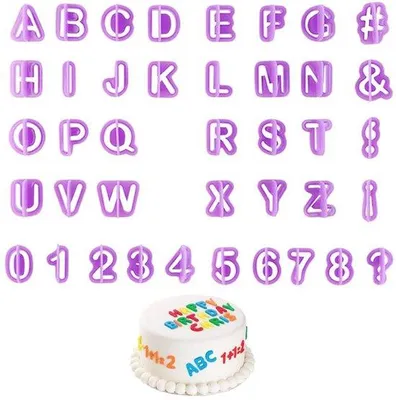 Produktbild von Fondant-Schablonen (40 Stück), Schriftzeichen für Fondant, Keksformen, Alphabet, Ziffern für das Dekorieren von Süßpasta, Keks, Torte, Backzubehör, mit Buchstaben, Ziffern und Sonderzeichen für Tortendekoration