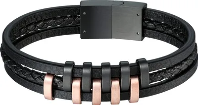 Produktbild von Karisma Männer 3 Ledersträngen Armband mit Edelstahl Elementen Länge 21cm - Schwarz und Roségold