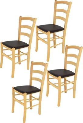 Produktbild von t m c s Tommychairs - 4er Set Stühle VENICE für Küche und Esszimmer, robuste Struktur aus lackiertem Buchenholz im Farbton Naturfarben und gepolsterte Sitzfläche mit KUNSTLEDER in der Farbe Mokka bezogen
