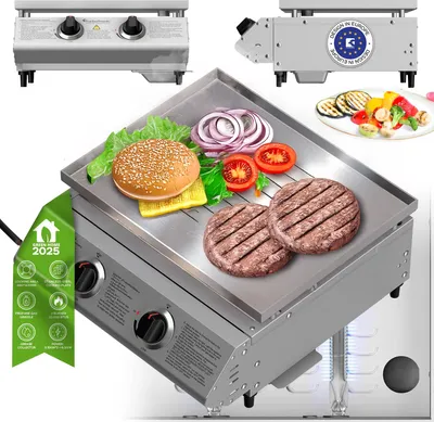 Productafbeelding van TurboTronic Gasbarbecue - BBQ6 - tafelgasbarbecue met roestvrijstalen planchaplaat 46 × 40 cm, 2 × 3,15 kW branders (6,3 kW), bakplaat, piëzo-ontsteking, vetopvangsysteem, campingbarbecue