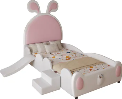Produktbild von Kinderbett mit Rutsche, Treppe, Lattenrost, Tasche und Rausfallschutz, gepolsterter Kopfteil, Polsterbett, Einzelbett, Kunstleder, 90x200 cm