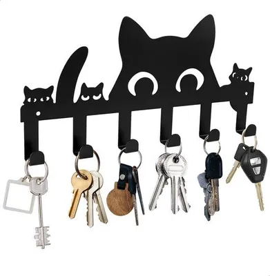 Imagen del producto de Soporte para llaves Unyqoos® con diseño de gato – hierro  mate, 6 ganchos resistentes, montaje en pared (con adhesivo o con tornillos)