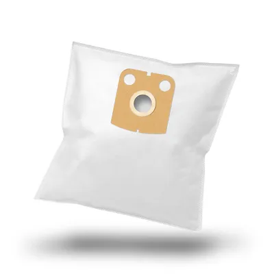 A white vacuum cleaner bag with a brown cardboard attachment featuring a circular opening and two smaller circles, shown levitating against a white background.