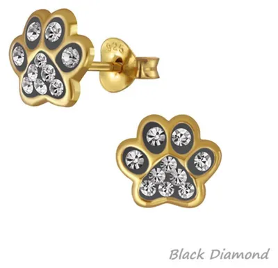 Produktbild von Ohrringe Silber 925 Ohrstecker „Pfote / Pfötchen“ gold Black Diamond