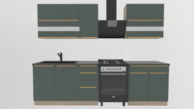 Obrázek produktu pro Kuchynská linka 270 cm – tmave zelená kuchyne – s tmave hnedou pracovní deskou – vestavená kuchyne se zásuvkami s kovovými úchytkami – zlaté úchytky – GLAMOUR B