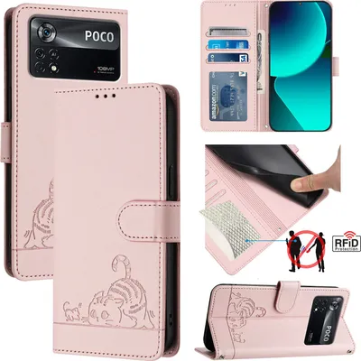 Produktbild von Leder Hülle für Xiaomi Poco X4 Pro 5G Süße Katze Flip Case Brieftasche Schutzhülle mit Standfunktion Pink