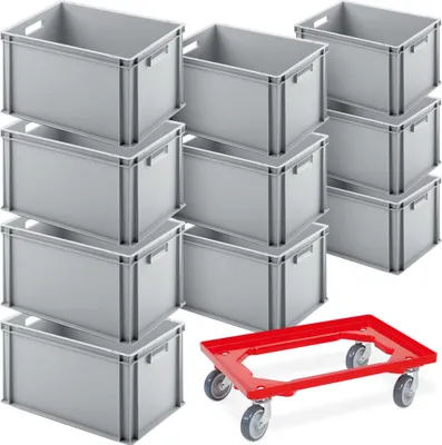 Produktbild von 10x Eurobehälter LxBxH 600 x 400 x 320 mm inkl. 1 Transportroller GRATIS